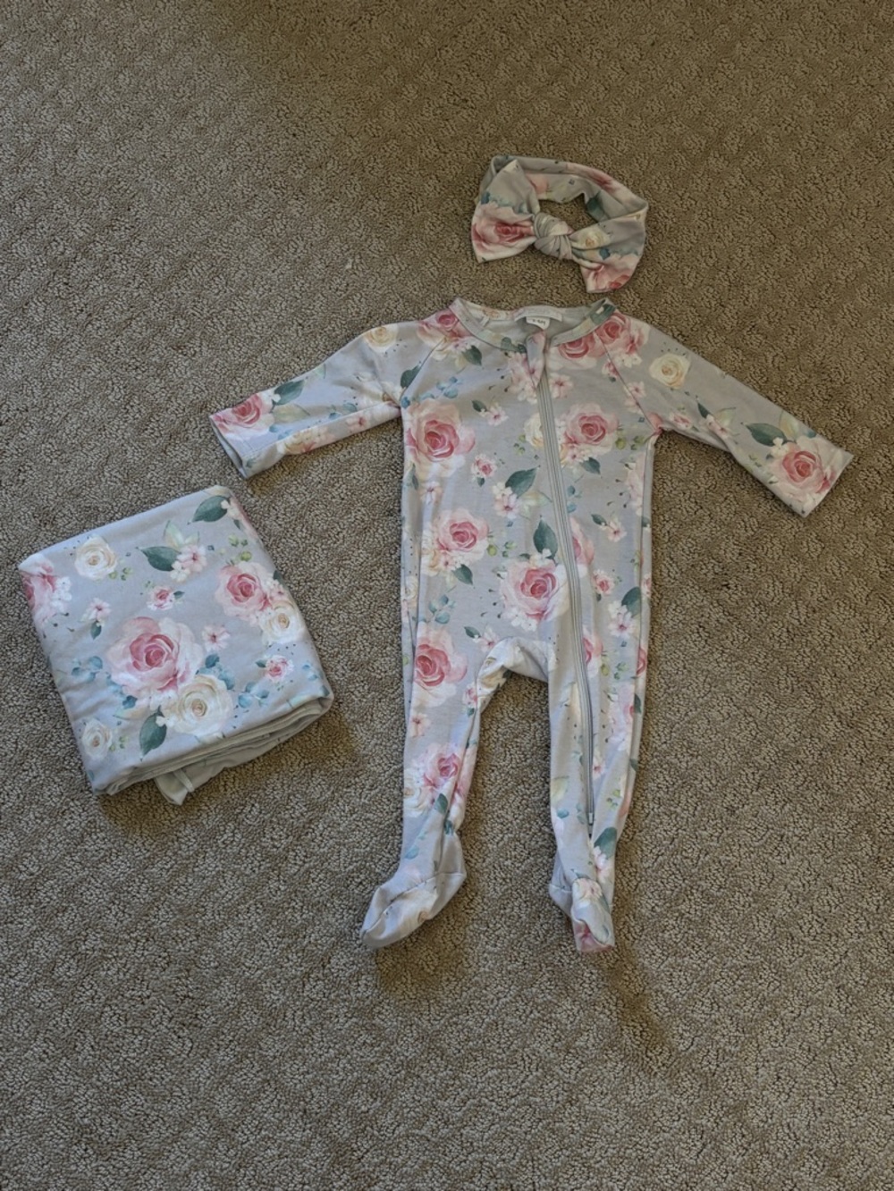 0-3 mo Girls Floral Zip-Front Baby Sleeper with Bow - Pink Rose